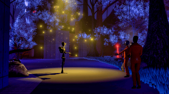 A scene from 'Uncanny Alley: A New Day' depicts a robot standing in a park at night talking to three figures in red jumpsuits.
